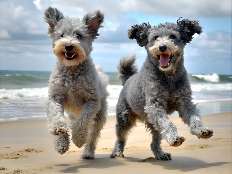 Two Pumi dogs playing at the beach